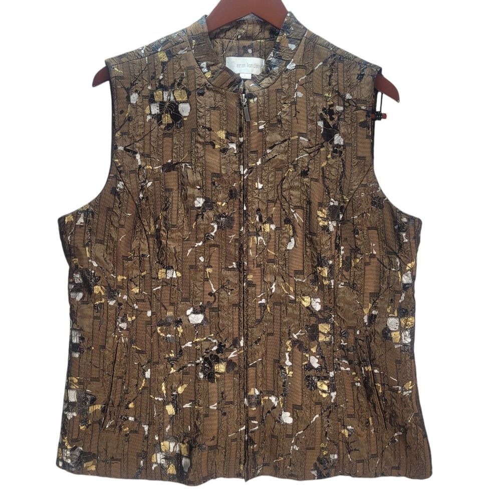 Erin London Women's Floral Lined Vest Size Large Brown and‎ Gold